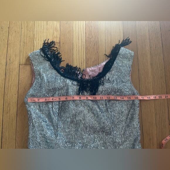 60s Vintage Silver Eyelash Tinsel Mini Dress with Black Fringe - Picture 9 of 15